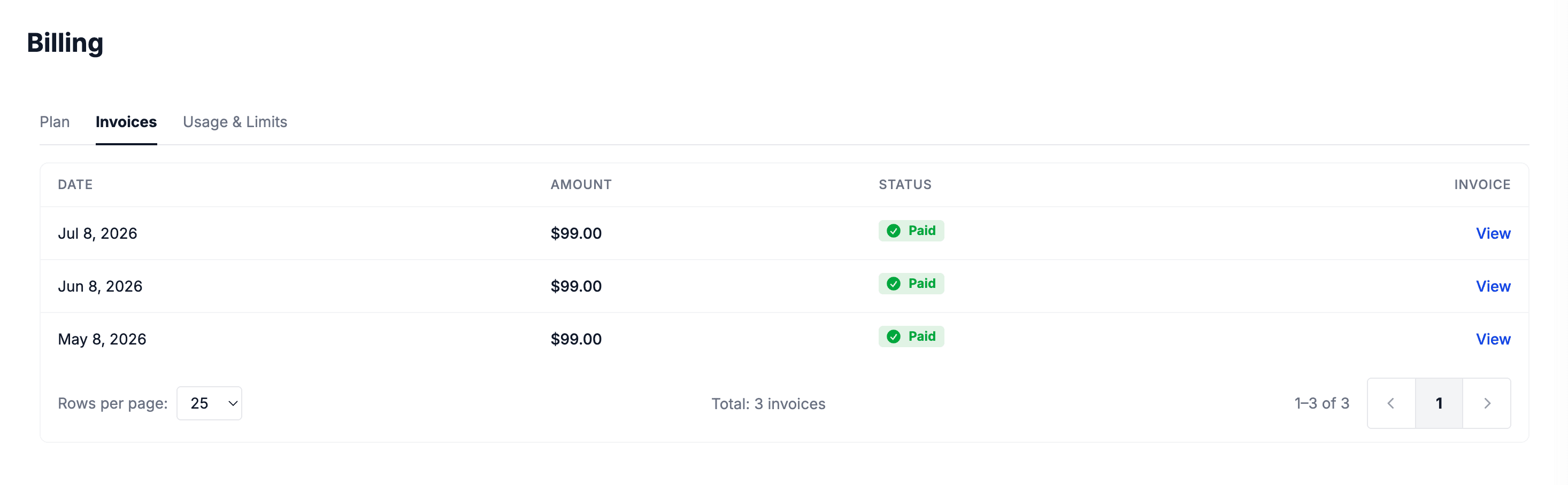 Invoices tab showing a table of past invoices with date, amount, a Paid status chip, and a View link to the Stripe hosted invoice