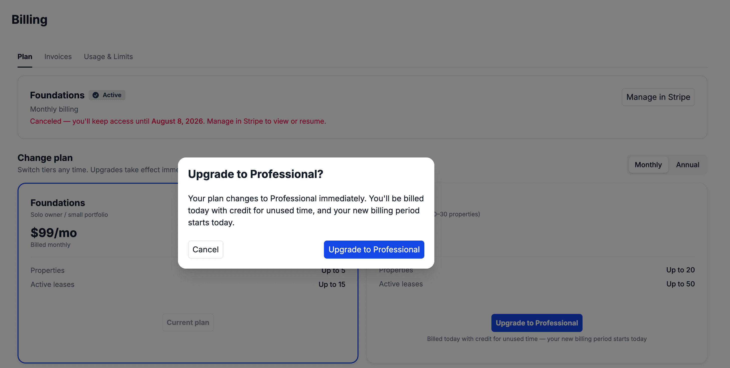 Upgrade prompt dialog explaining that the property limit has been reached on the current plan, with an upgrade button and a dismiss option