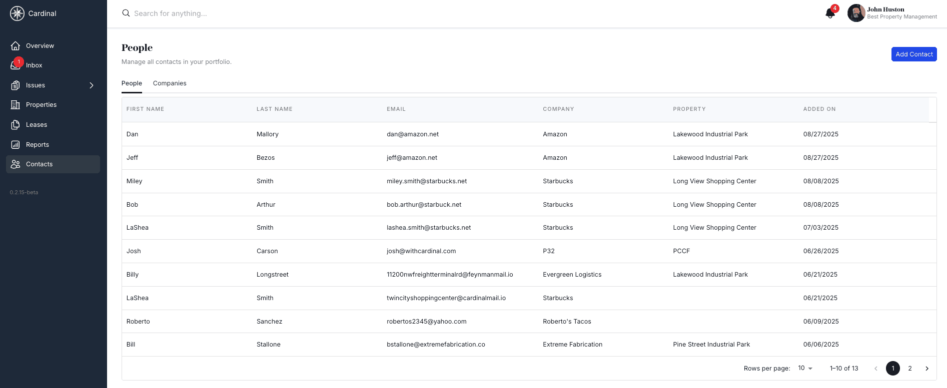 Contacts page showing people and companies tabs