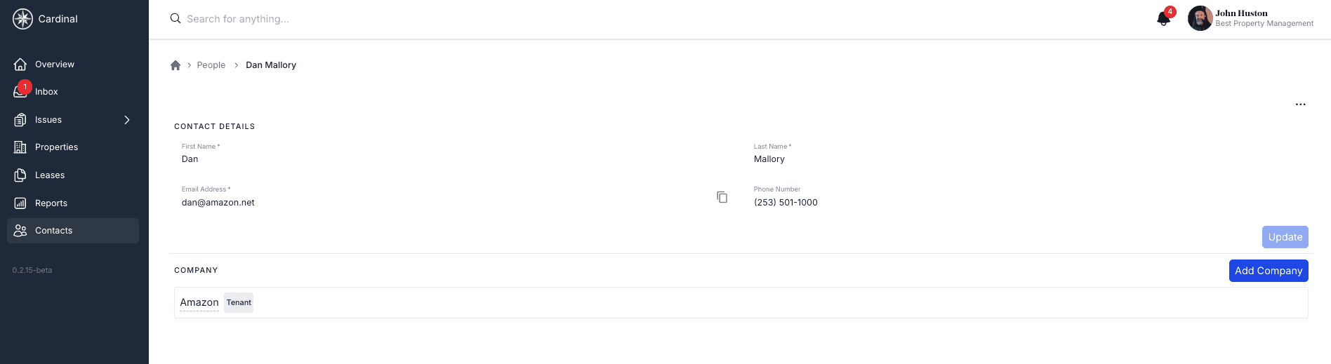 Person detail page showing contact info, company, and message history