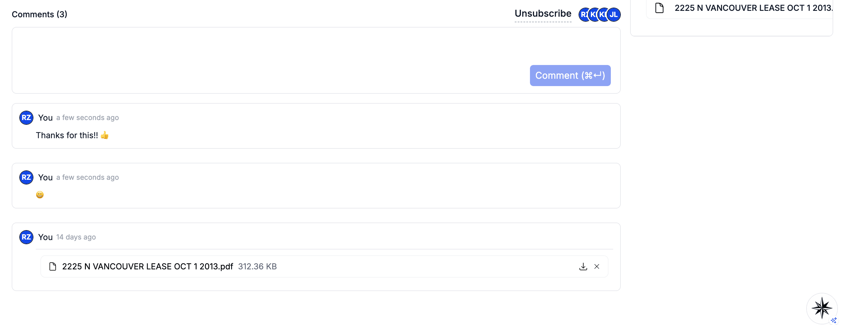 Internal comment on a thread showing emoji reaction pills with counts, a hover tooltip naming who reacted, and the add-reaction smiley button