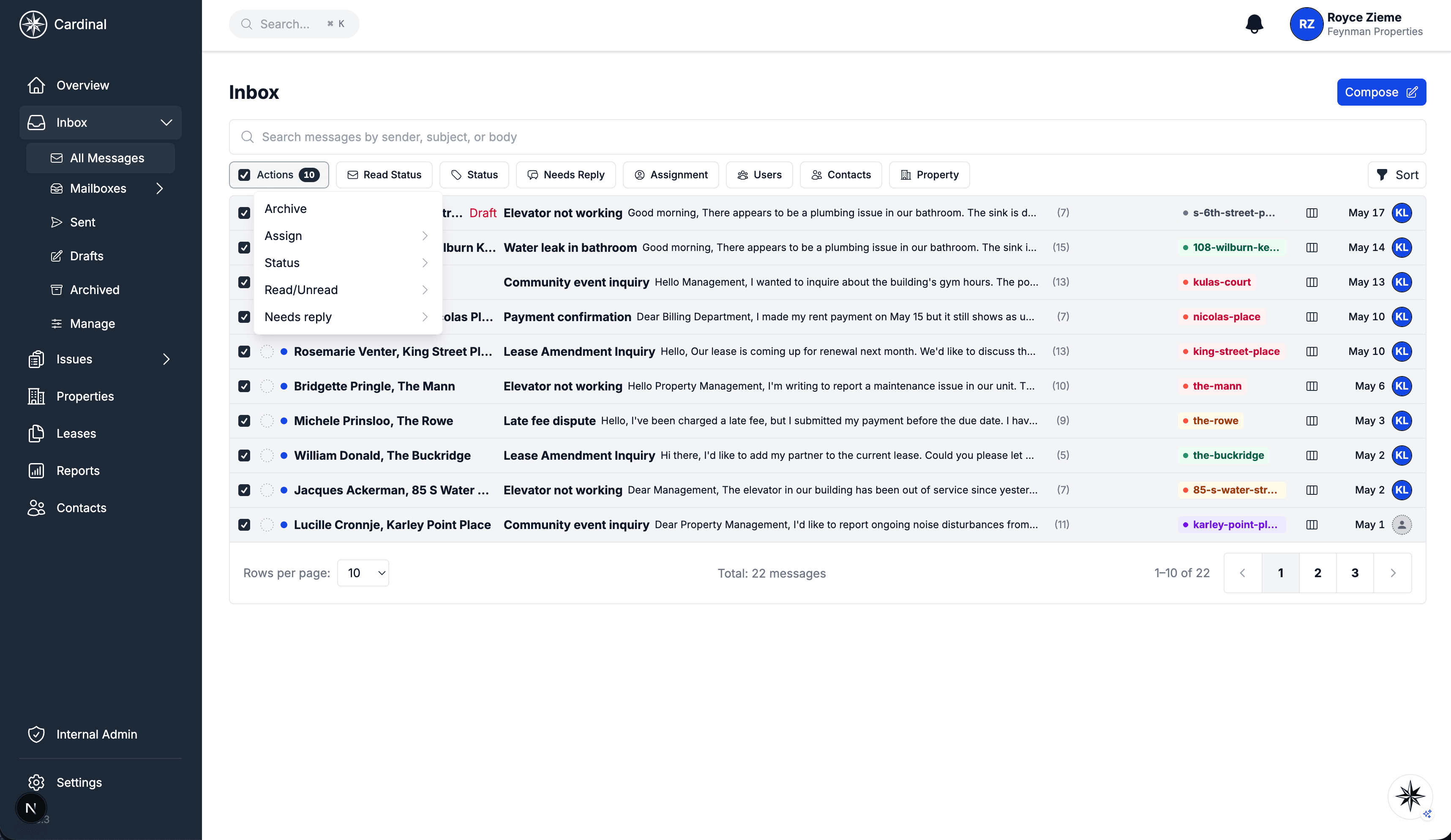 Inbox list with several threads selected, showing the bulk actions trigger with its menu open and Archive, Assign, Status, Read/Unread, and Needs reply rows