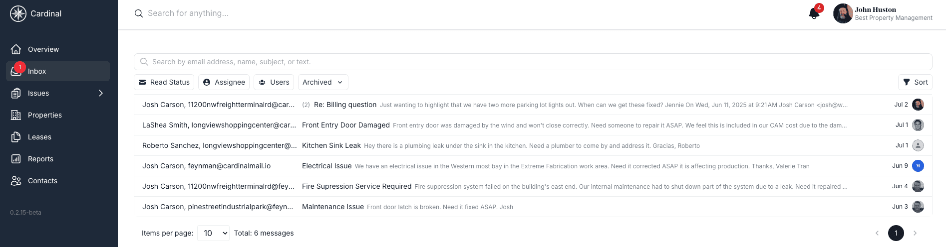 Inbox dashboard showing all email threads with search and filtering options