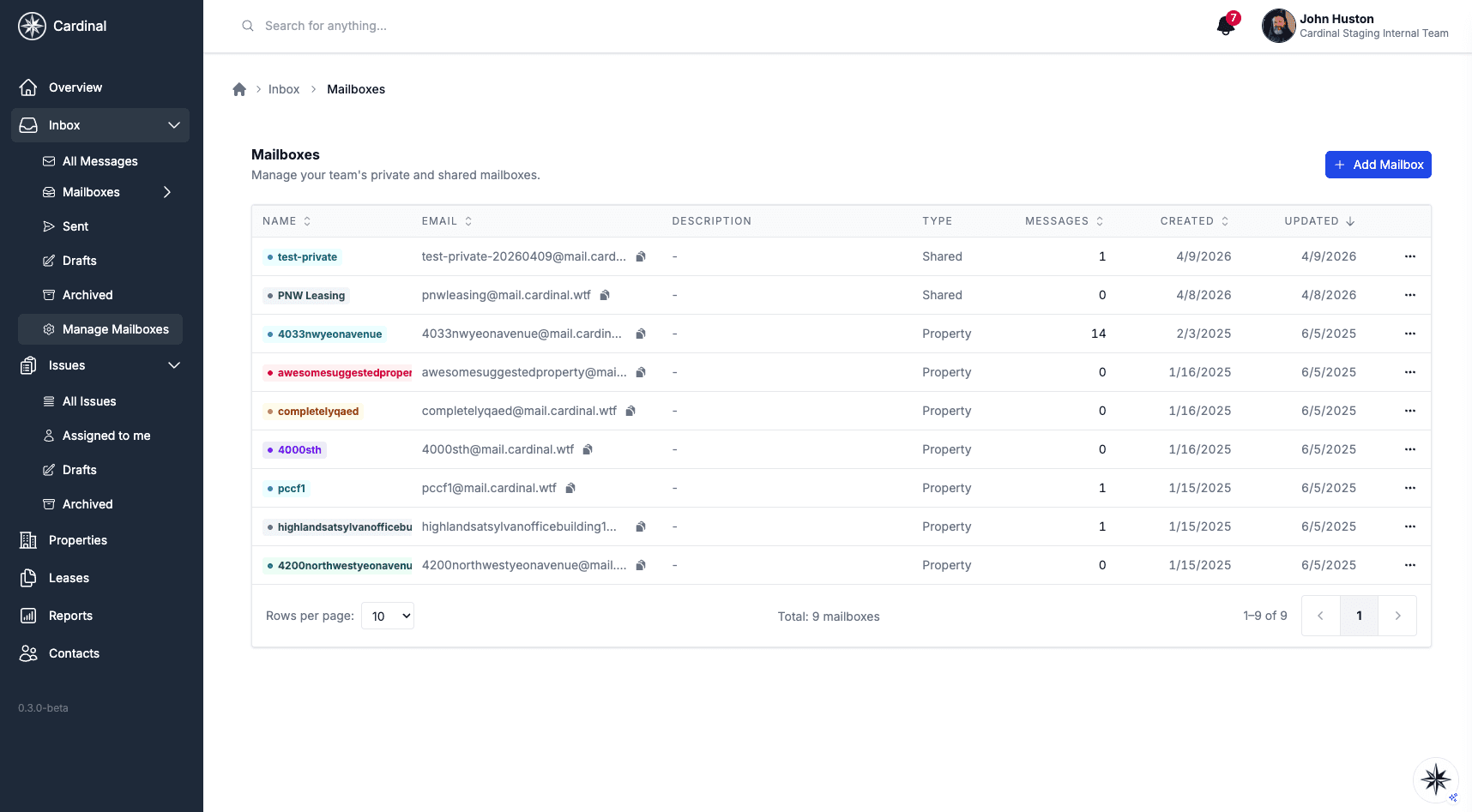 Mailboxes page showing a sortable table of shared and property mailboxes with name, email, description, type, message count, and created/updated columns