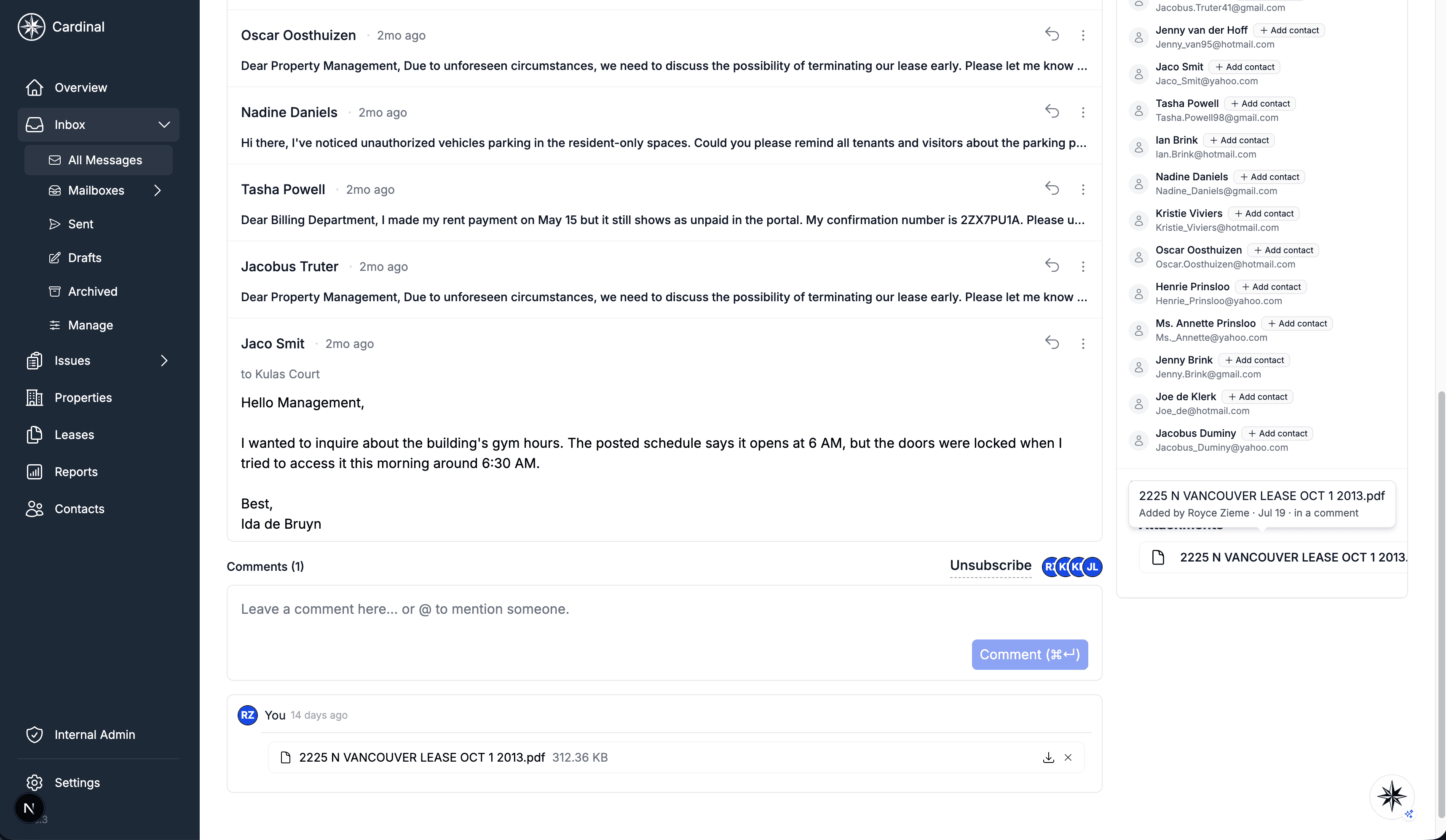 Thread sidebar Attachments panel listing files from emails and comments, with a hover line showing who attached each file and when