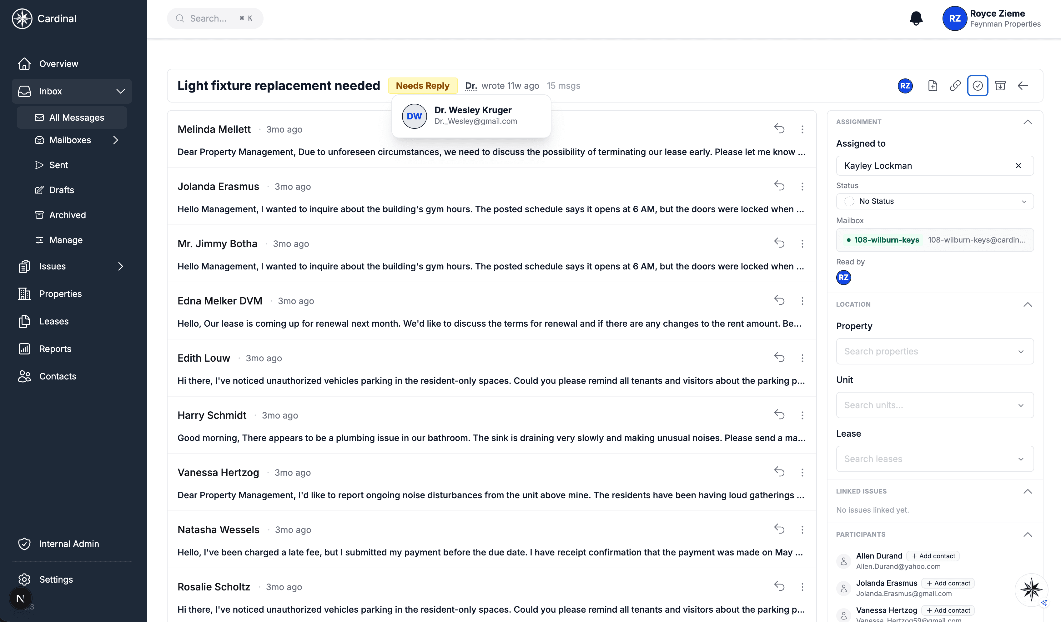 Thread header showing the subject, a Needs Reply chip, and a group of read-by avatars for teammates who have opened the thread