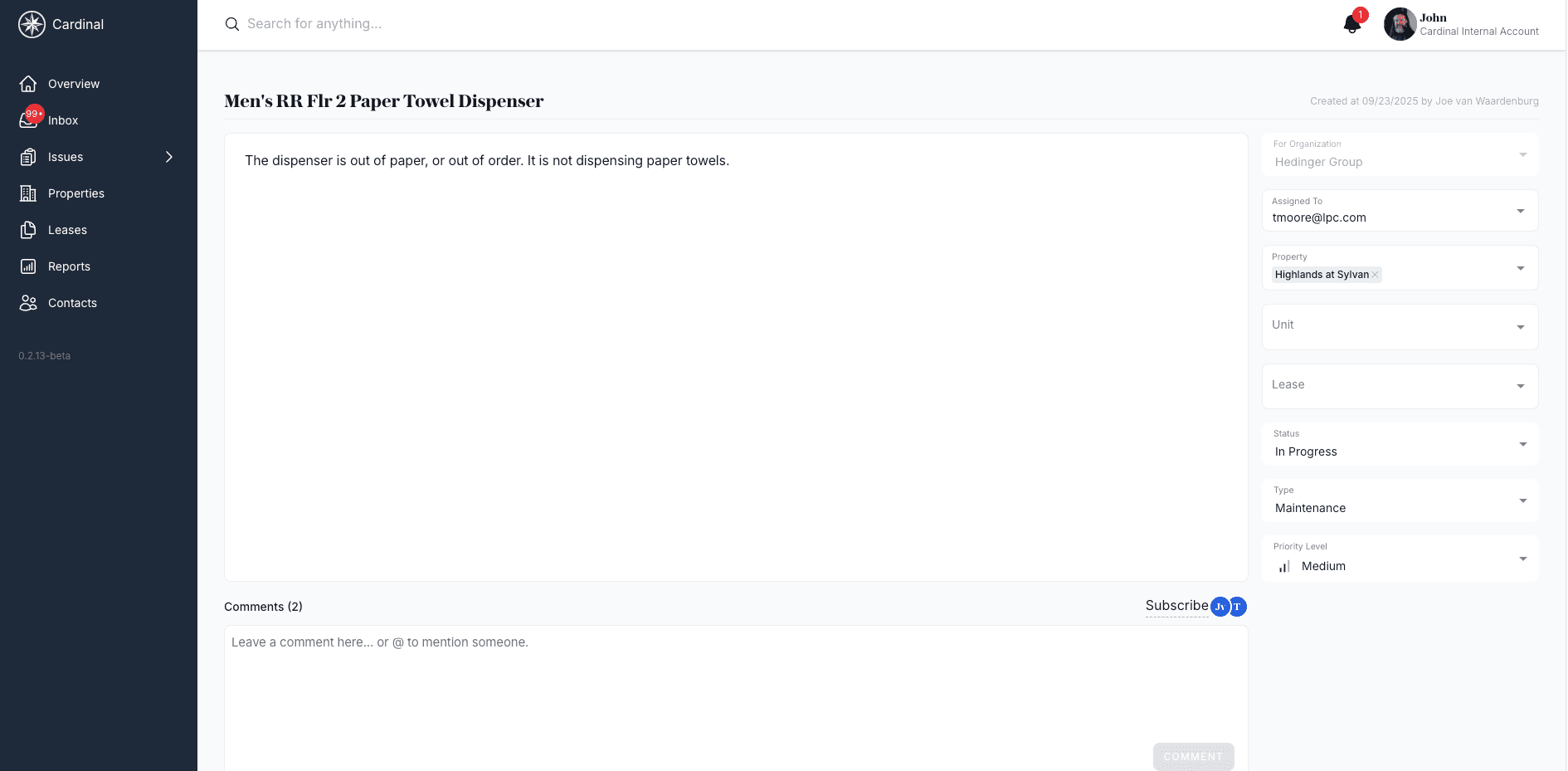 Individual issue detail page showing all management options and collaboration tools