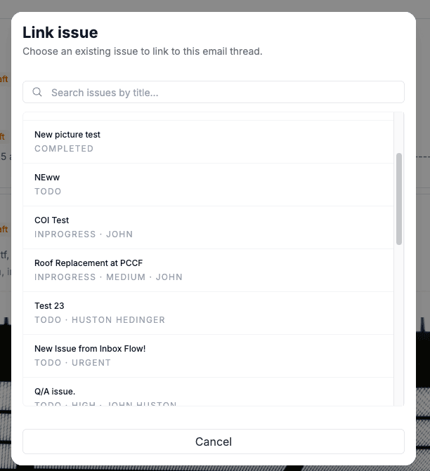 Link issue modal opened from a thread, listing existing issues by title with status and assignee