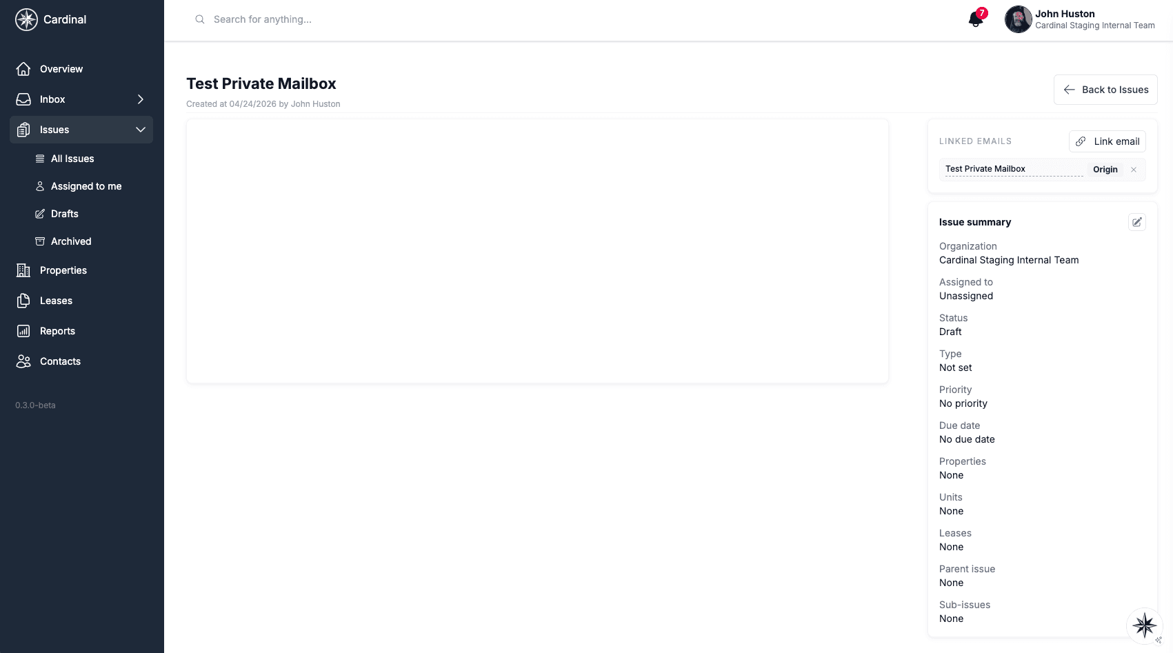 Issue detail page showing a Linked emails panel with a Link email button and an Origin chip beside the originating thread