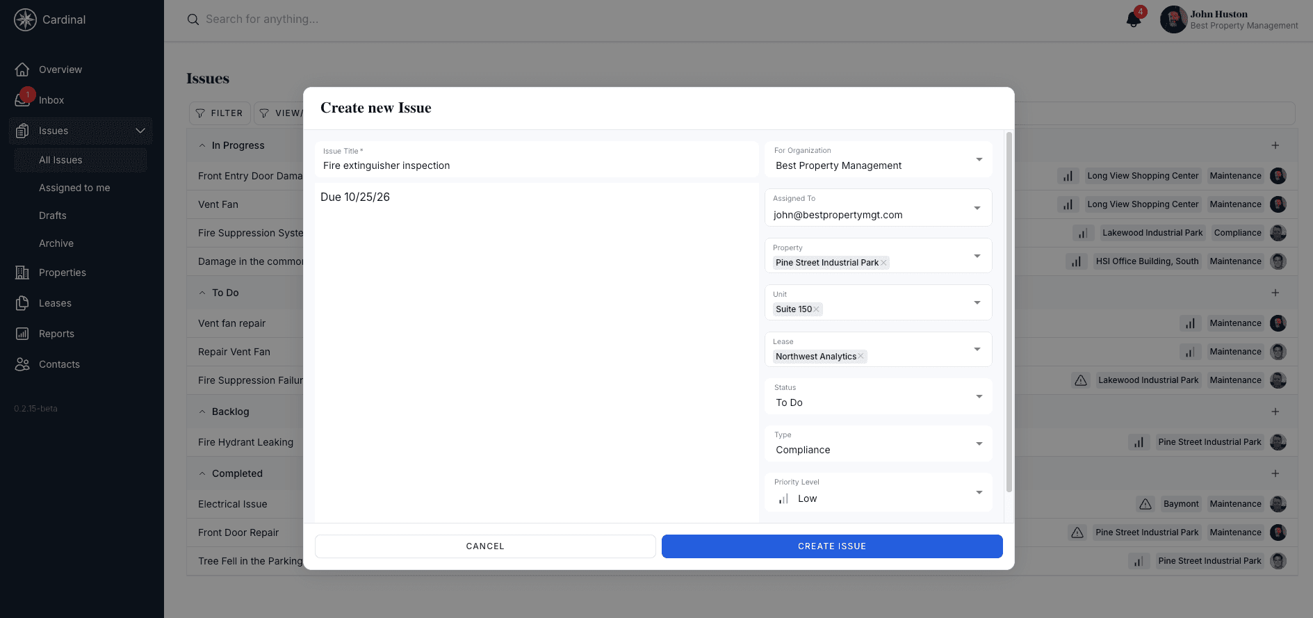 New issue creation dialog with all fields and options