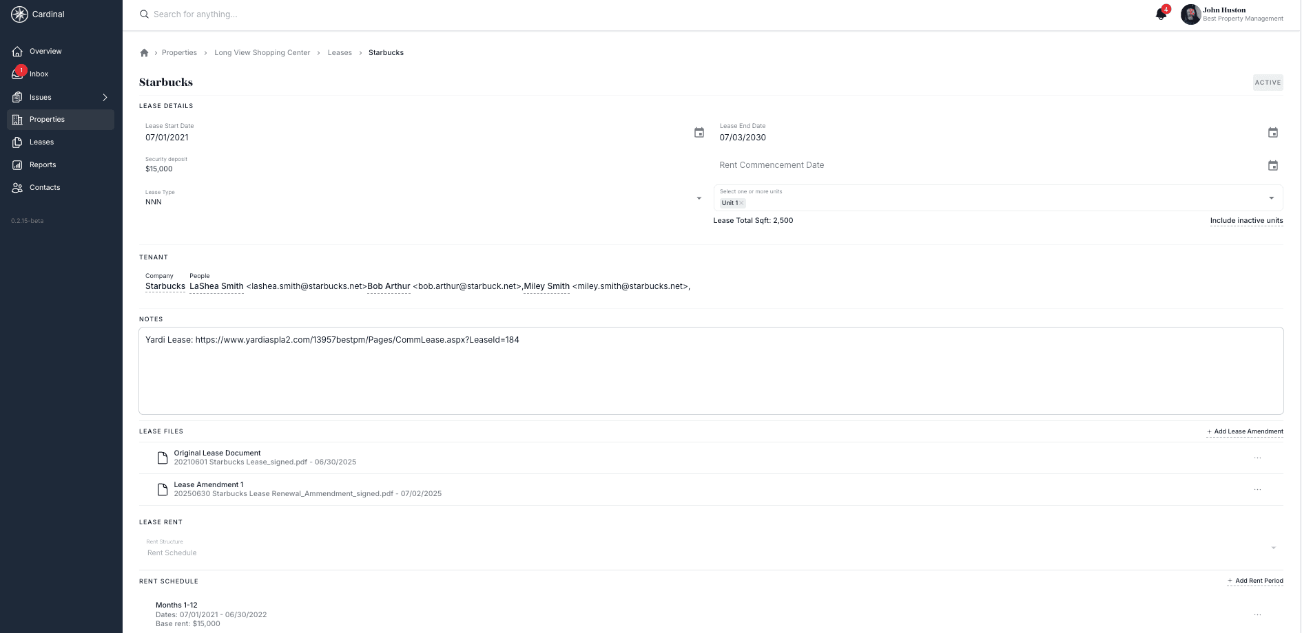 Individual lease detail page with comprehensive tenant and lease information