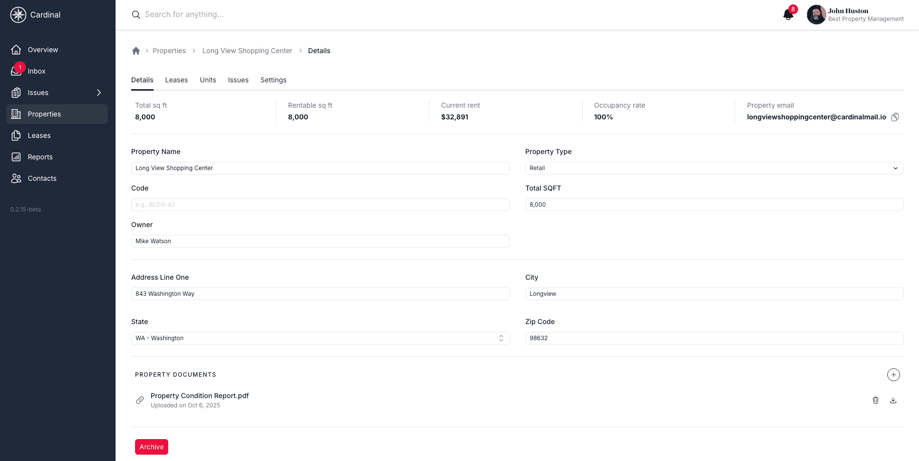 Property overview screen with specs and status