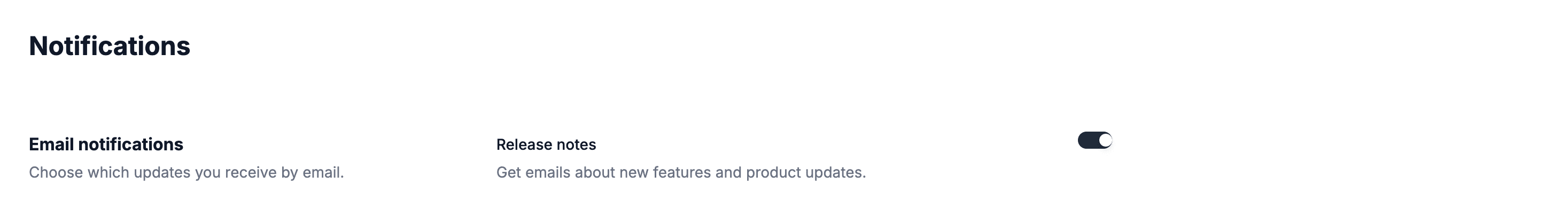 Notifications settings page showing the Email notifications section with a Release notes row and its on/off toggle