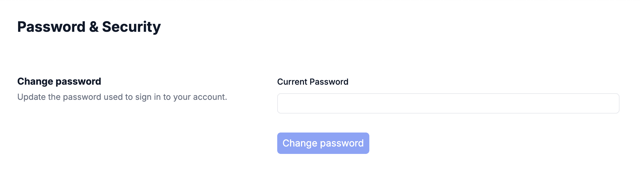 Password and Security settings page showing the Change password section with a Current Password field and a Change password button