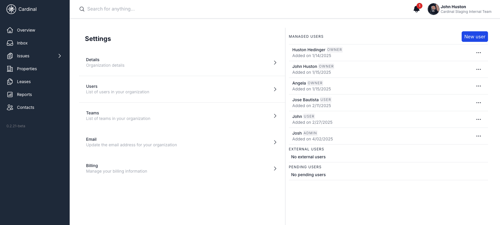 Pending users screen in organization settings